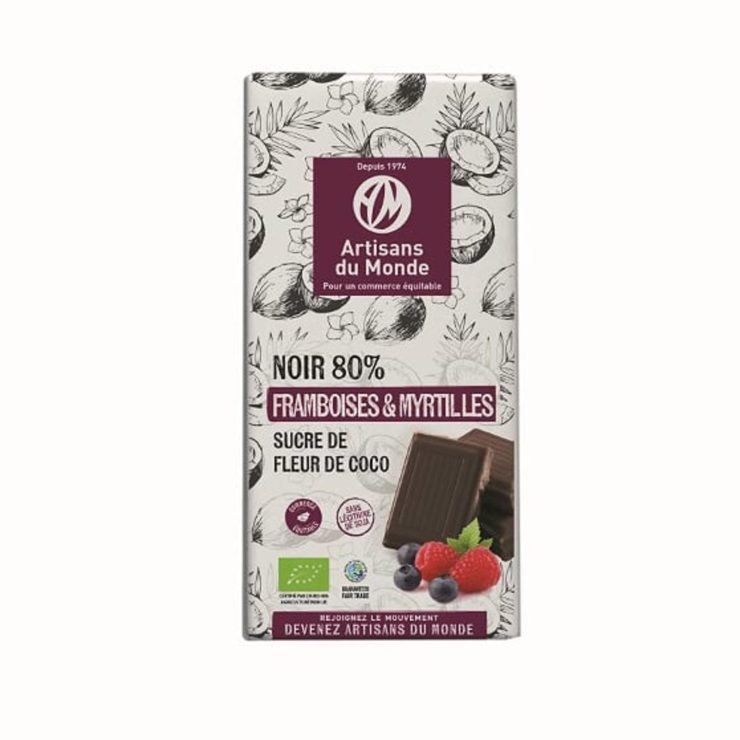 Chocolat Noir 80% Framboises é Myrtilles au sucre de fleur de coco - 100g