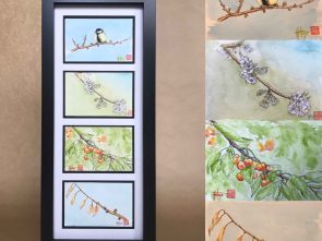 Quadriptyque d'aquarelles originales sur le thème du cerisier au quatre saisons. Peinte à la main