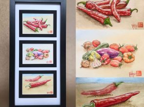 Triptyque d'aquarelles originales "les légumes d'été" peintes à la main. Format carte postale.
