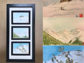 Triptyque d'aquarelles originales "sur les alpes en hivers". Manigod France formats cartes postales