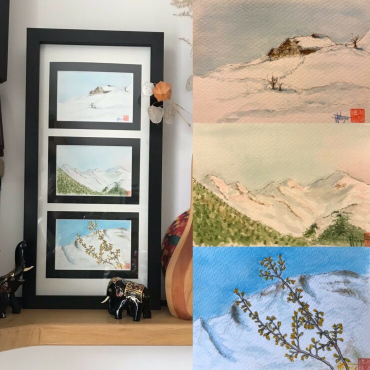 Triptyque d'aquarelles originales "sur les alpes en hivers". Manigod France formats cartes postales