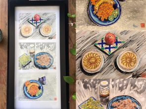 Triptyque de dessins aux Poscas et autres techniques sur le thèmes "du repas". Réalisés à la main.