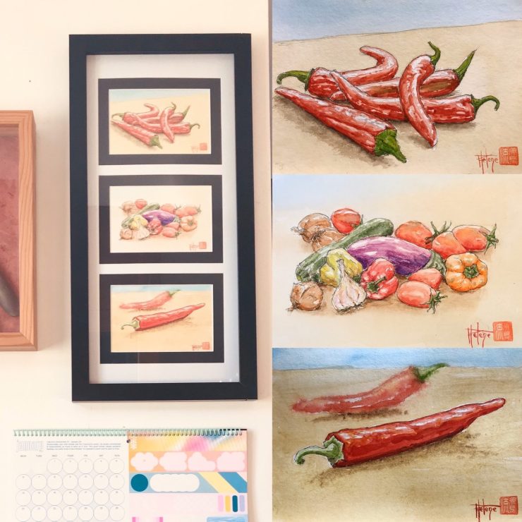 Triptyque d'aquarelles originales "les légumes d'été" peintes à la main. Format carte postale.