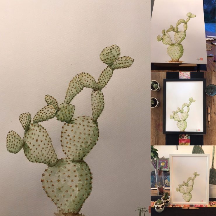 Aquarelle le cactus raquette originale peinte à la main.