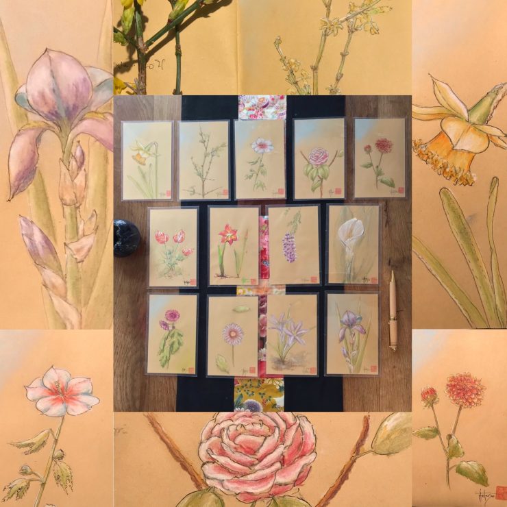 Choix de cartes florales , dessinées à la main sur papier kraft, livrées avec enveloppe