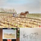 Aquarelle originale, cheval de labour dans les vignes champenoises, peinte à la main.