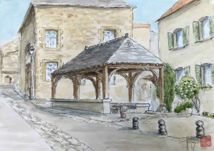 Aquarelle, Lavoir de Merfy village champenois, originale peinte à la main.