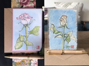 Cartes peintes à la main, la rose, livrées avec enveloppe