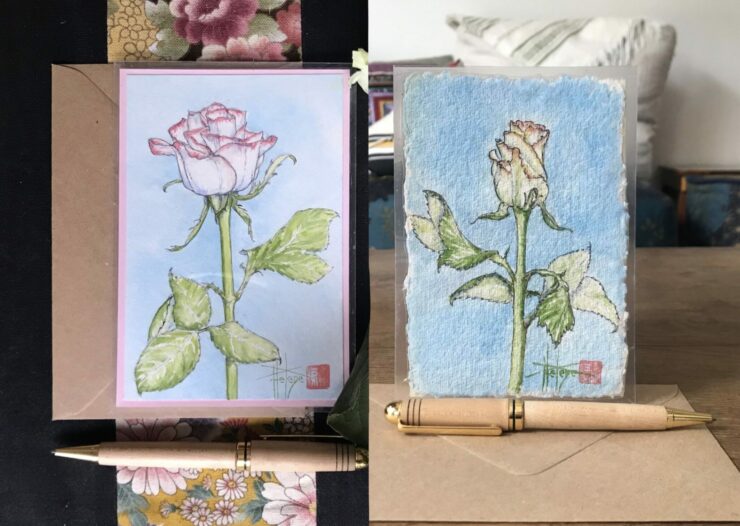 Cartes peintes à la main, la rose, livrées avec enveloppe