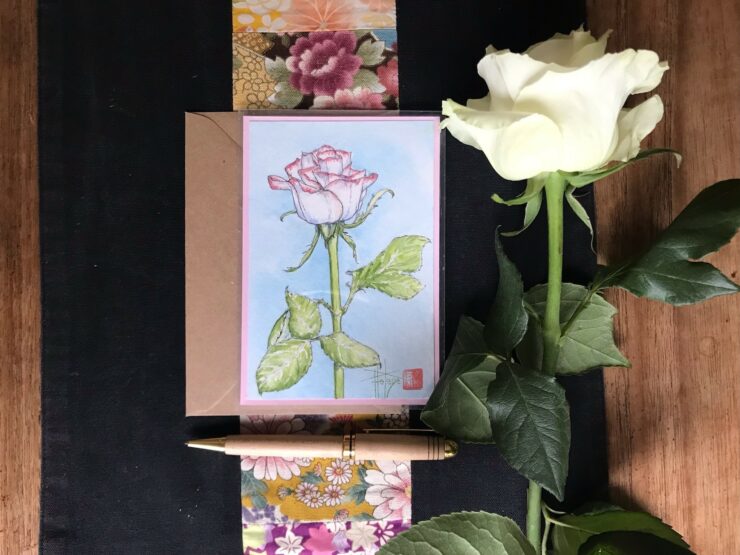 Cartes peintes à la main, la rose, livrées avec enveloppe