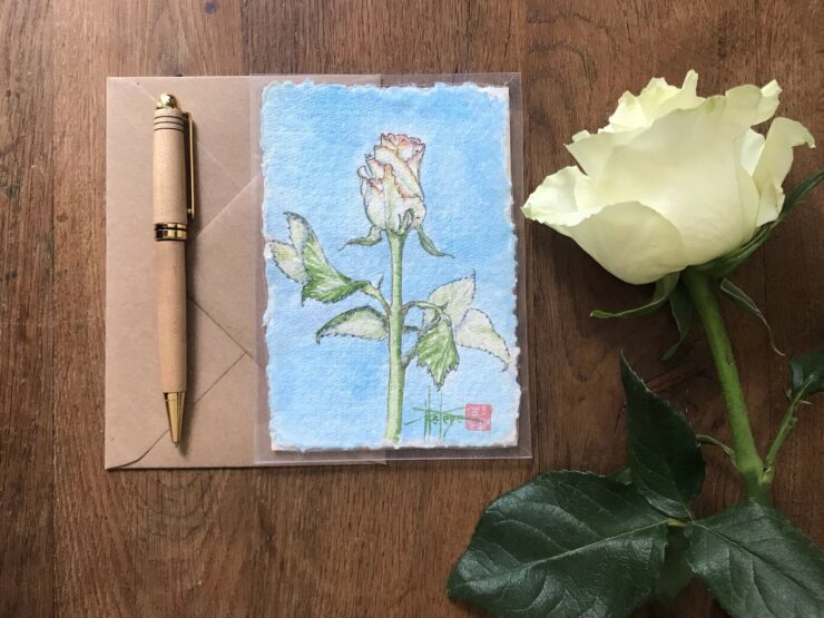 Cartes peintes à la main, la rose, livrées avec enveloppe