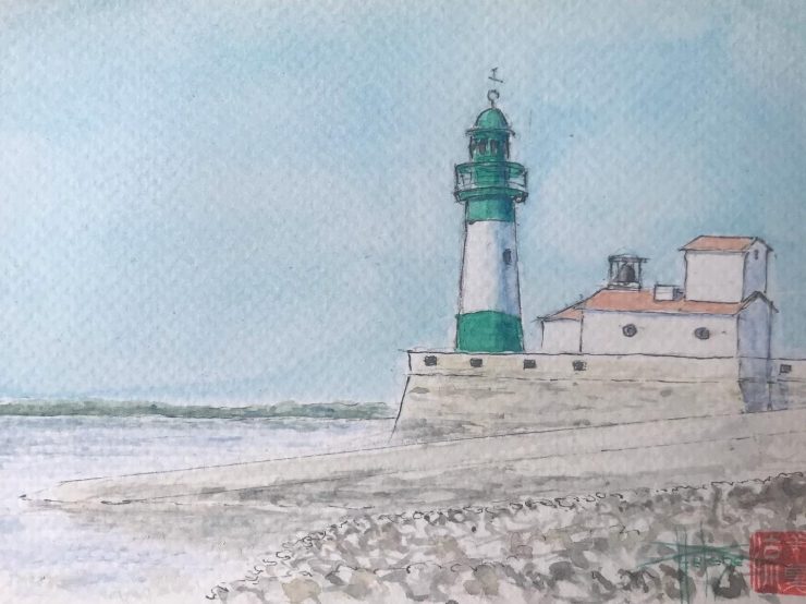 Aquarelle originale phare de Treport, Tableau murale peint à la main