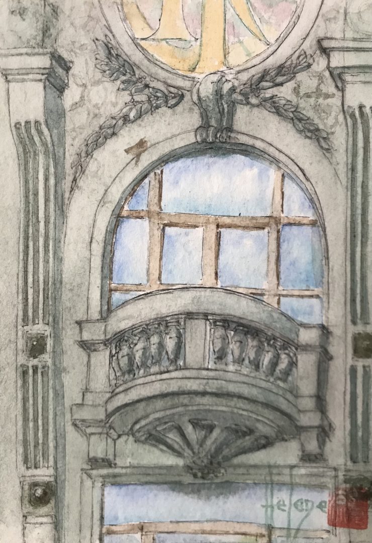 Aquarelle originale format carte postale façade art déco du comptoir de l’industrie de Reims. Tableau encadré 13x18cm peint à la